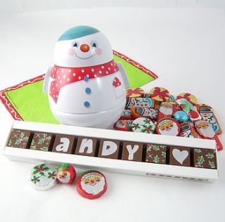 snowman gift bag with personalised chocolates by chocolate by cocoapod chocolate
