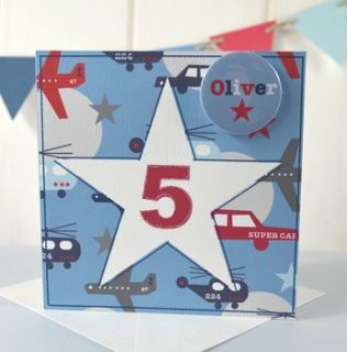 boy's personalised star age card with badge by tillie mint