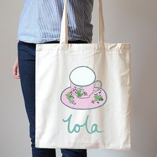 personalise tea cup and saucer canvas bag by hannah stevens