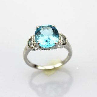 Fashion 925 Silver Ring with 9x11mm Oval Created Blue Topz and Rhinestone Size 7 Jewelry