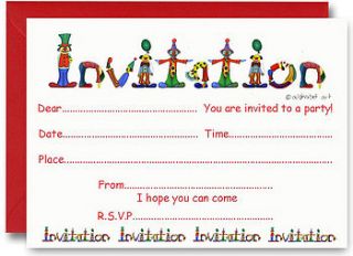 clown party invitation   pack of 10 by alphabet gifts