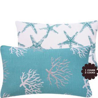 Wonders of the Seas Turquoise Collection   12x20" Lumbar Couch / Bed Toss Pillow Cover   Ocean, Sea, Coral and Star Fish   Turquoise Blue, White and Gray / Grey Hues   1 Cover, 2 Looks   Throw Pillow Covers