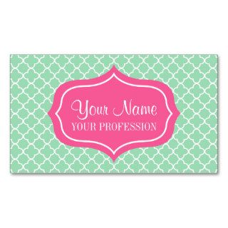 Pink And Mint Green On Quatrefoil Pattern Business Card Templates