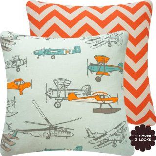 Flight School Orange Collection   18" Square Nursery Kid Decorative Throw Pillow Cover   Airplanes, Helicopters and Zig Zag   Bright Orange, Gray, Blue, Teal, and Cream Hues   1 Pillow Cover, 2 Looks   Boy Decor Pillow