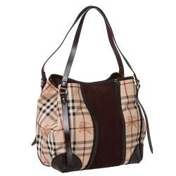 Burberry Small Haymarket Check/ Plum Suede Tote Bag Burberry Designer Handbags
