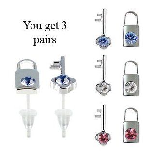 Key & lock studs earrings   hypo allergic UPVC posts   white gold plated so looks like real   you get a set of 3   easy to wear, suitable for everyday wear GlitZ JewelZ Jewelry
