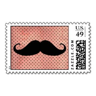 Funny Mustache On Cute Pink Polka Dot Background Postage Stamps