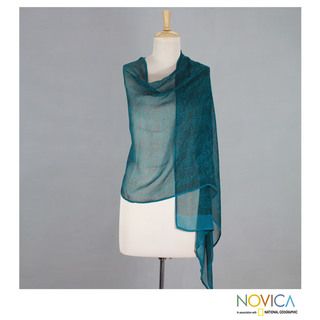Handcrafted Silk 'Indian Turquoise' Shawl (India) Novica Scarves & Wraps
