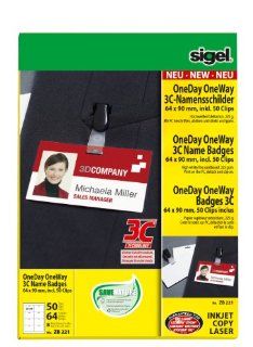 Sigel ZB221 Namensschilder OneDay OneWay, 64 Schilder, 50 Clips, PC beschriftbar, 64x90 mm Bürobedarf & Schreibwaren