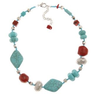 Pearlz Ocean Silvertone Faux Turquoise and Coral Bead Necklace Pearlz Ocean Gemstone Necklaces