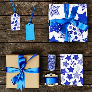 recycled blue star white wrapping paper by sophia victoria joy