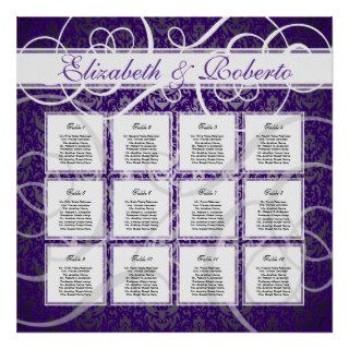 Purple Damask 12 Table Wedding Seating Plan Chart Poster