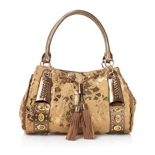 Sharif Lace Print Leather and Jewels Satchel