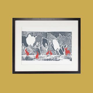 hares in the night woods screen print by orwell and goode
