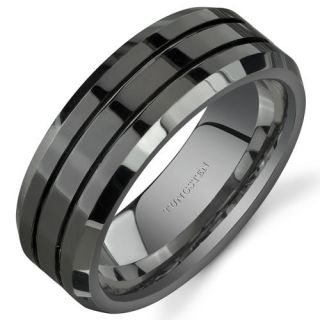 Beveled Edge Double Groove 8 mm Comfort Fit Mens Black Tungsten