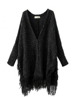 ELLAZHU Women Button Knit Fringed Tassels Batwing Cardigan Sweater Oversized Cape Onesize NL06 (Black)