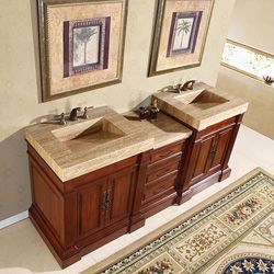 Silkroad Exclusive Travertine Top 83 inch Double Sink Vanity Cabinet