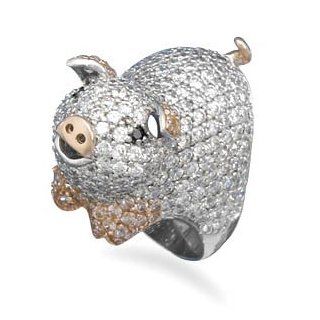 Rhodium Plated CZ Pig Ring in 925 Sterling Silver West Coast Jewelry Jewelry