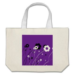 Black and White Flowers on a Purple Background Canvas Bags