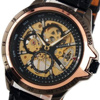 ESS Men's Rose Gold Skeleton Black Leather Hand Wind Up Mechanical Watch WM267 ESS Watches
