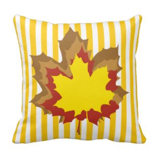 Mustard Autumnal Stripes with Leaves Throw Pillows