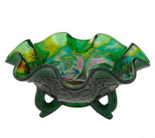Fenton Art Glass Emerald Marigold Satin Lion Bowl —