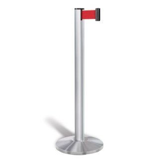Lavi 50 3000 Beltrac Aluminum Retractable Portable Post with 7' Red Belt, 14" Diameter x 40" Height, Satin Industrial Safety Rope Barriers