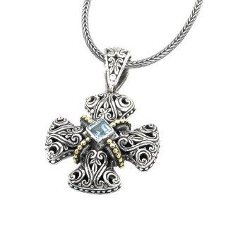 Sterling silver and 18k gold Enchanta Collection square blue topaz filigree crusaders cross pendant Jewelry