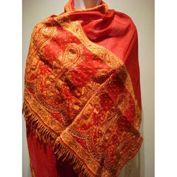 Selection Privee Studs Red Paisley Embroidered Beaded Wool Shawl