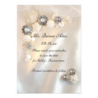 Pearl Diamond Buttons Quinceañera Save the Date Personalized Invitations
