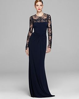 David Meister Gown   Long Sleeve Illusion Jersey with Drape Knot Detail's