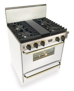 Five Star Range WTN281 7WS 30"   4 Sealed Burner All Gas Range With Convection Oven, Gas Broiler And Continuous Top Grates   White Finish With Brass Trim Accents Appliances