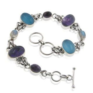 Sterling Silver 8" Amethyst, Rainbow Moonstone, and Blue Chalcedony Toggle Bracelet Link Bracelets Jewelry