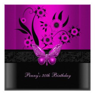 Birthday Party 30th Purple Pink Butterfly Black Announcement