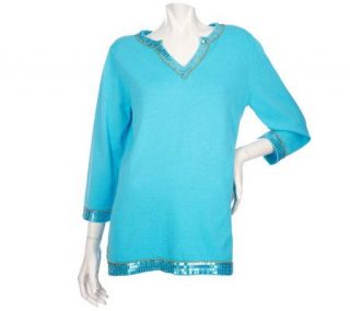 Quacker Factory 3/4 Sleeve Split V Neck Sweater with Sequin Trim —