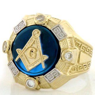 10k Gold Two Tone Mens Synthetic Sapphire Masonic Ring Jewelry