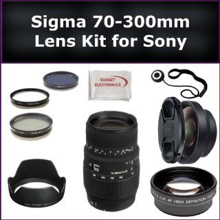 Sigma 70 300mm f/4 5.6 DG Macro Autofocus Lens Kit for Sony SLT A33, SLT A55, SLT A35 Digital SLR Cameras. Package Includes 0.45X Wide Angle Lens, 2X Telephoto Lens, Lens Cap, Lens Hood, Lens Cap Keeper, 3 Piece Filter Kit (UV FLD CPL) and Microfiber Clea