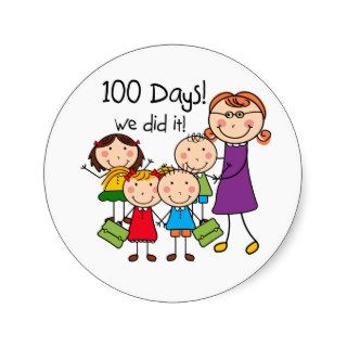 Kids and Female Teacher 100 Days Round Stickers