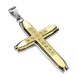 Gold Tone Cross on Polished Large Cross Pendant with Simulated Diamonds for Men Jewelry