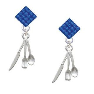 Fork, Knife and Spoon Blue Sapphire Crystal Diamond Shaped Lulu Post Earrings Jewelry