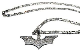 Hip Hop Silver Rhinestone Bat Symbol Pendant Figaro Chain Necklace MSP309R Jewelry