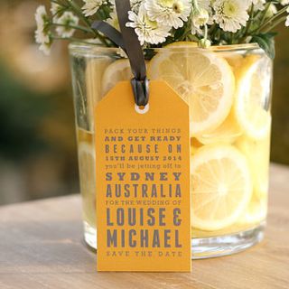 louise save the date luggage tag by white knot