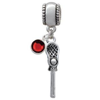 3 D Lacrosse Stick and Ball Charm Bead with Red Siam Crystal Dangle Delight Jewelry
