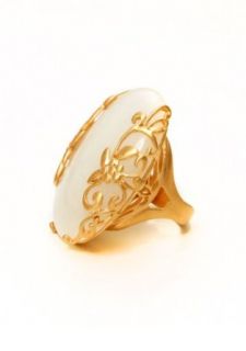 Sheila Fajl White Glow Oval Stone Ring W/Floral Rose Gold Setting (7, White / Rose Gold) Clothing