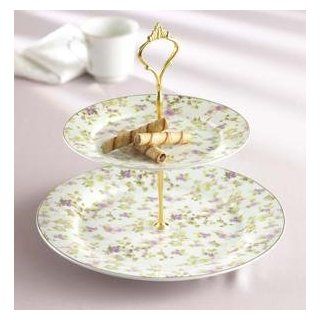 TWO TIER FLORAL SERVER   TWO TIER PORCELAIN GOLD RIM PLATES WITH HANDLE   tie Kitchen & Dining