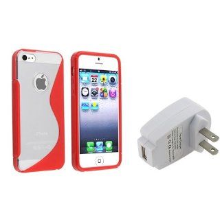 eForCity Clear / Red Gummy S Shape Skin Case with 1 White Home/Wall Charger Adapter compatible with Apple® iPhone® 5 / 5S Cell Phones & Accessories