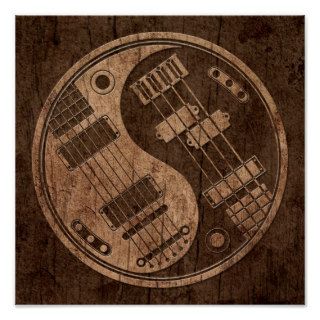 Guitar and Bass Yin Yang with Wood Grain Effect Posters