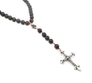 Twisted Blade Rosary Necklace With Large Matte Hematite Beads And Cross Pendant Necklaces Jewelry