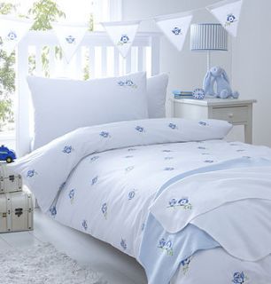 blue owls embroidered bedding by the fine cotton company
