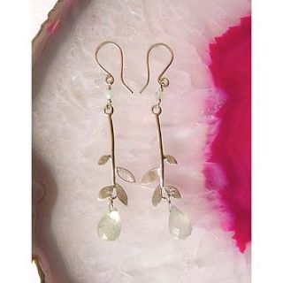 lila leaf hook earrings with prehnite by blossoming branch